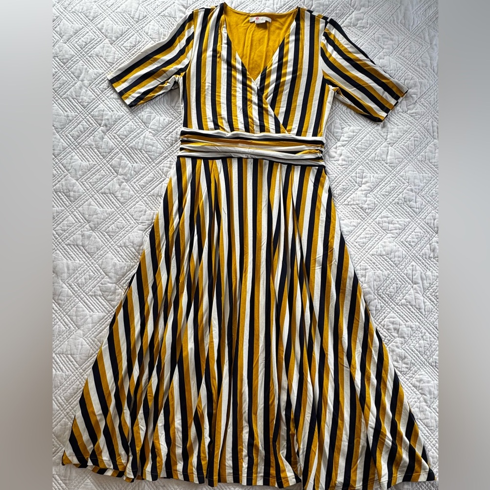 Boden Kassidy Short Sleeve Striped Midi Dress Size 8 Navy Cream Mustard EUC